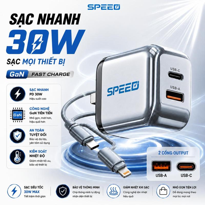 9k Củ Sạc 30W, Đi Kèm Cáp Đa Năng 2-in-1 GAN Little Reunion tích hợp cho các dòng máy smartphone tiêu chuẩn 3c siêu hót Bảo hành 24 tháng