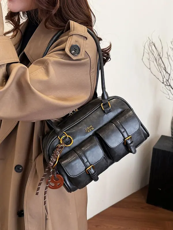 Women's Retro Solid Color PU Leather Shoulder Bag, Large Capacity Crossbody Bag with Detachable Accessory Charm, Casual Trendy Versatile High-quality Daily Commuting Bag 6