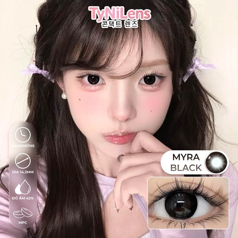 Lens Mắt Đen Baby TyNiLens MYRA BLACK Giãn Vừa 14.2mm cận 0-8 độ tặng kèm khay dụng cụ chất liệu MPC cao cấp