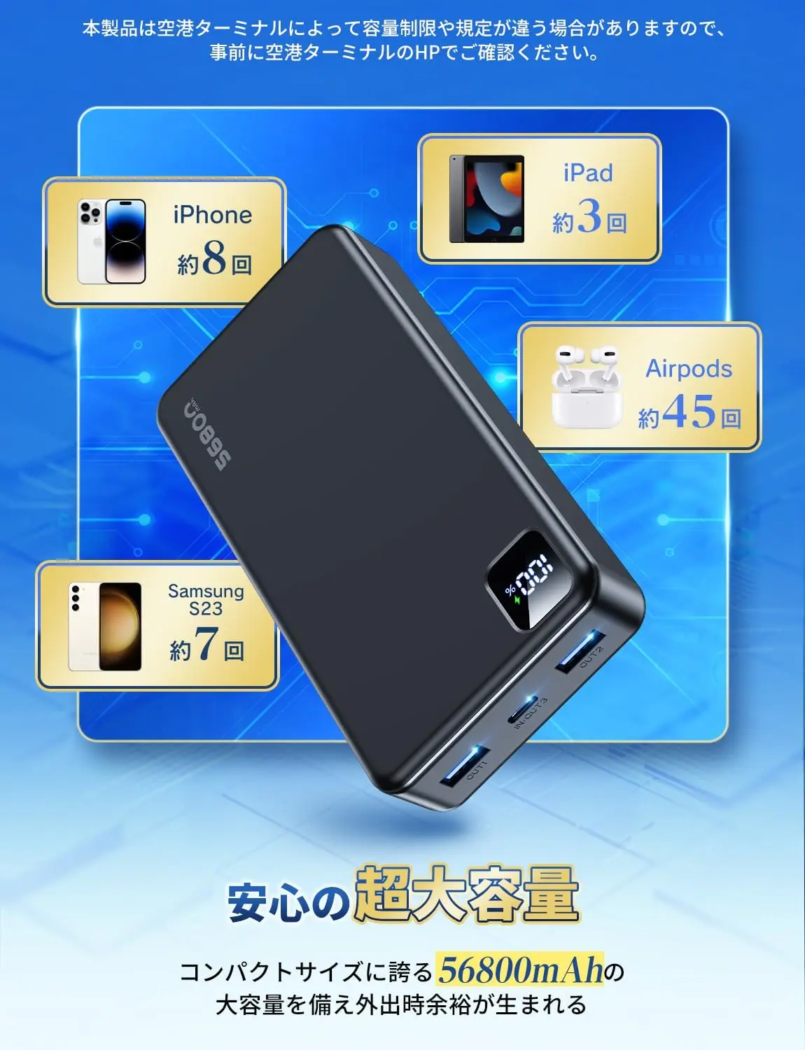 モバイルバッテリー power bank iphone 大容量【56800mAh・薄型】 3台