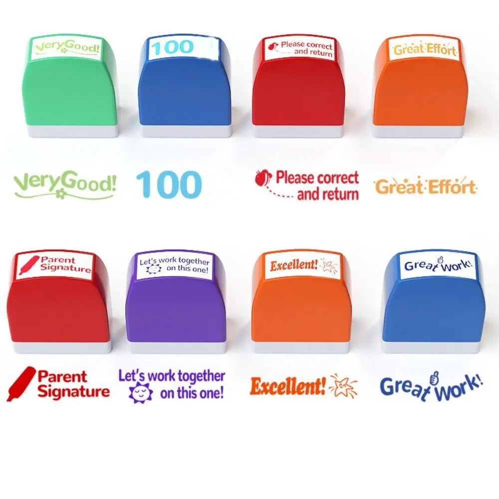 8 pcs/set 5 pcs/set Creative Teachers Encourage Graded Classroom Stamps Efficient Student Praise Teacher Auto-Refilling Stamp Set With Storage Tray ABS Teacher Supplies Children