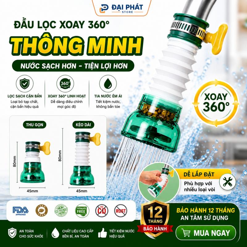 Vòi lọc nước rửa bát tăng áp xoay 360 có thể kéo dài chống bắn nước tiện lợi dễ…