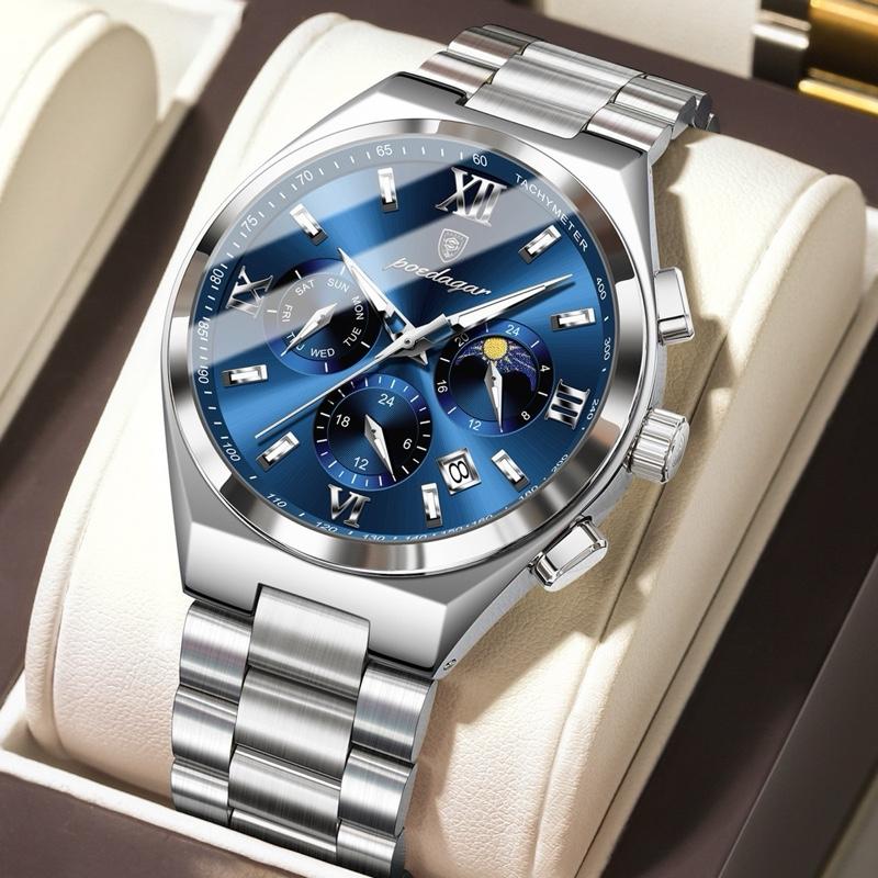  Poedagar CHÍNH HÃNG- ĐỒNG HỒ NAM CHẠY FULL 6 KIM LỊCH NGÀY  LỊCH THỨ DẠ QUANG KHOÁ CÁNH BƯỚM ĐÔI THÉP KHÔNG GỈ CHỐNG NƯỚC 30M. 