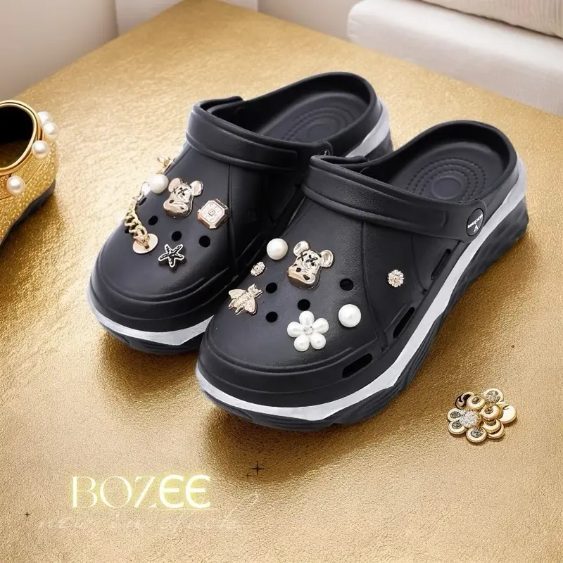 ￼BOZЄЄ Sandal 907-Wanita Korea Sandal Jelly Wanita Fuji Sandal Sepatu Tinggi 5.5cm CROSS Gold Rantai Slip On Media EVA Sandal Sendal 2