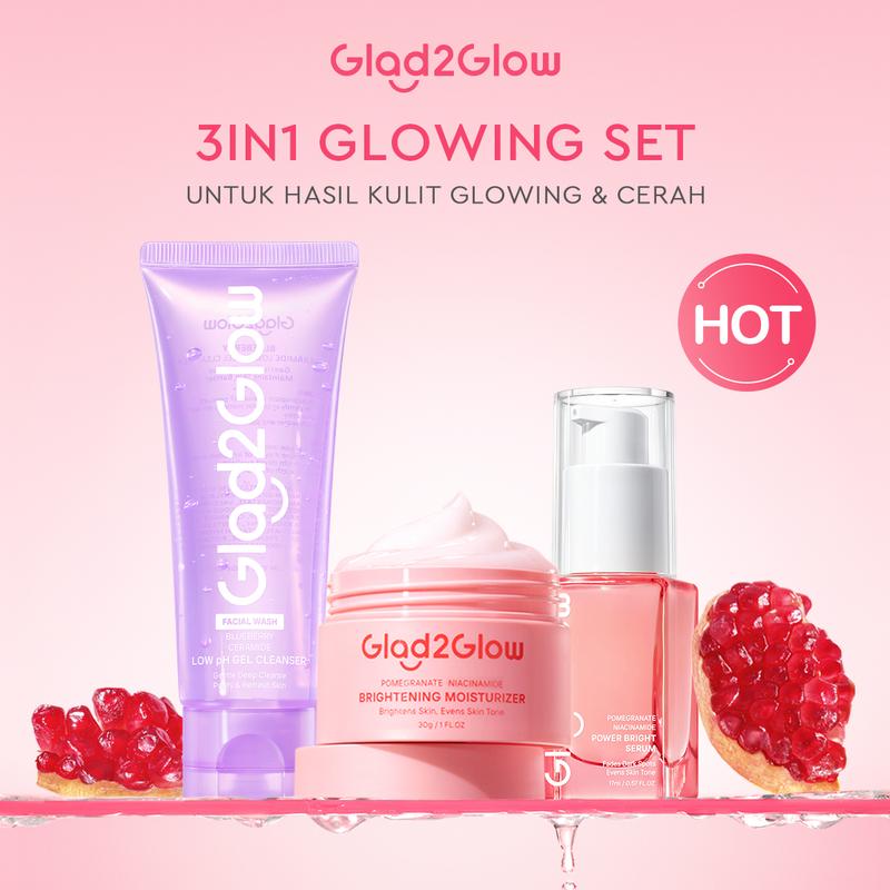 【3in1】Glad2Glow bundle 3pcs Skincare Moisturizer Face Wash Serum -ACNE KIT GLOWING KIT Dark Spot Berjerawat Ceramide Cleanser Kering Membersihkan Niacinamide Wajah Arbutin Cooling Hitam 1