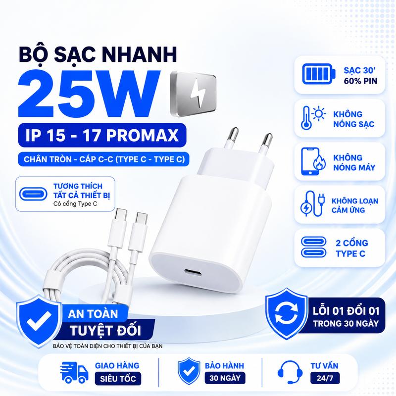 Bộ Sạc Nhanh pulseX Type C, Sạc Cổng 25W , Củ Sạc Điện Thoại, Sạc Nhanh PD Dùng Cho lPhone và Android