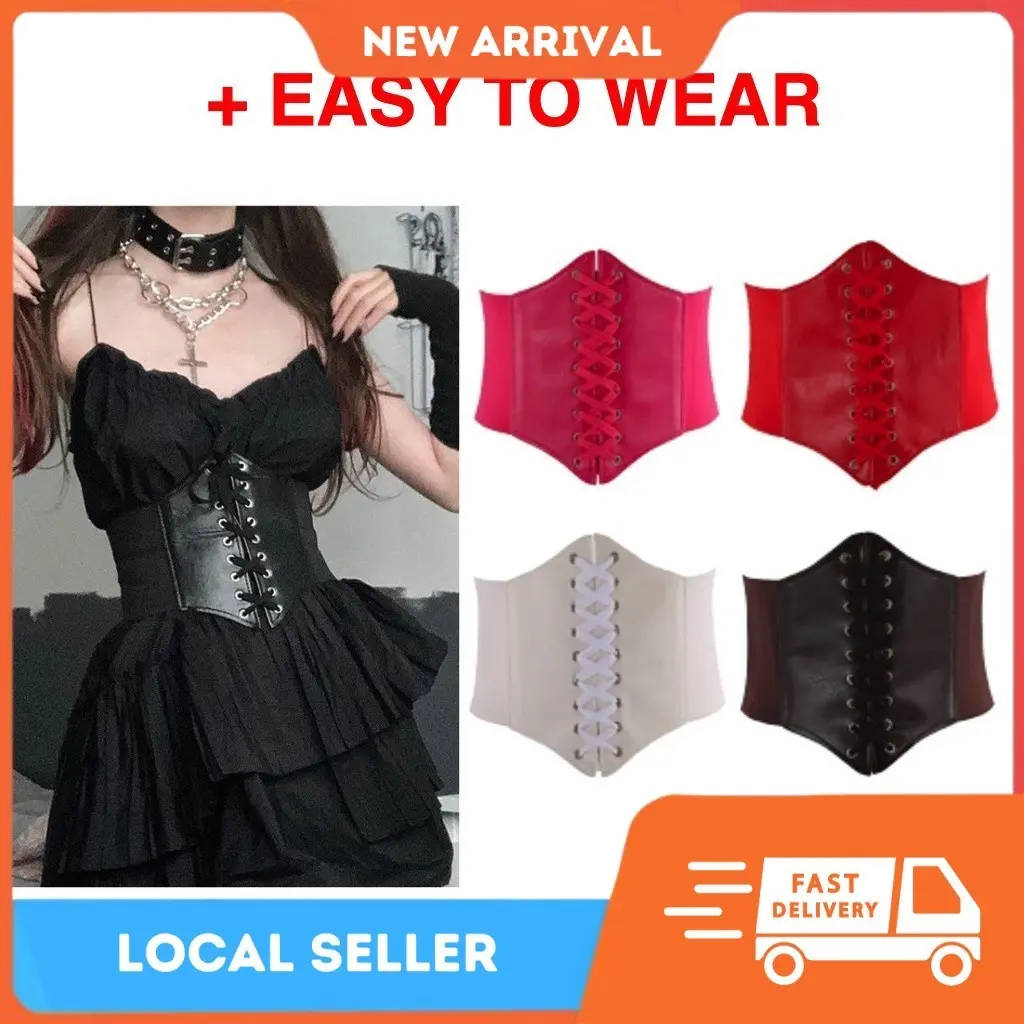(ADJUSTABLE STRAP) CosplayKing Gothic Dark Lace Up Female Waist Corset Belt Wide Faux Leather Belts Women Fashion Waistband Adjustable Underbust Corset  Waist Belt Steampunk Vintage S3xy Bustier Criss Cross Korset Kulit [FREE RM 50 VOUCHER]