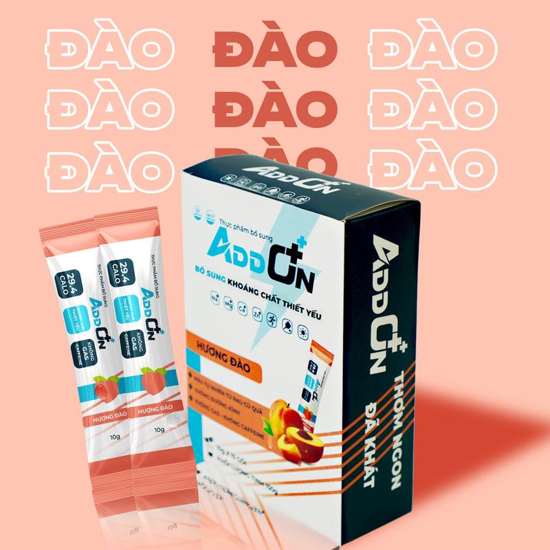 ADDON vị ĐÀO THANH DỊU Bột điện giải thể thao ít calo bù nước bổ sung muối khoáng THIẾT YẾU, hương ĐÀO thơm LỪNG