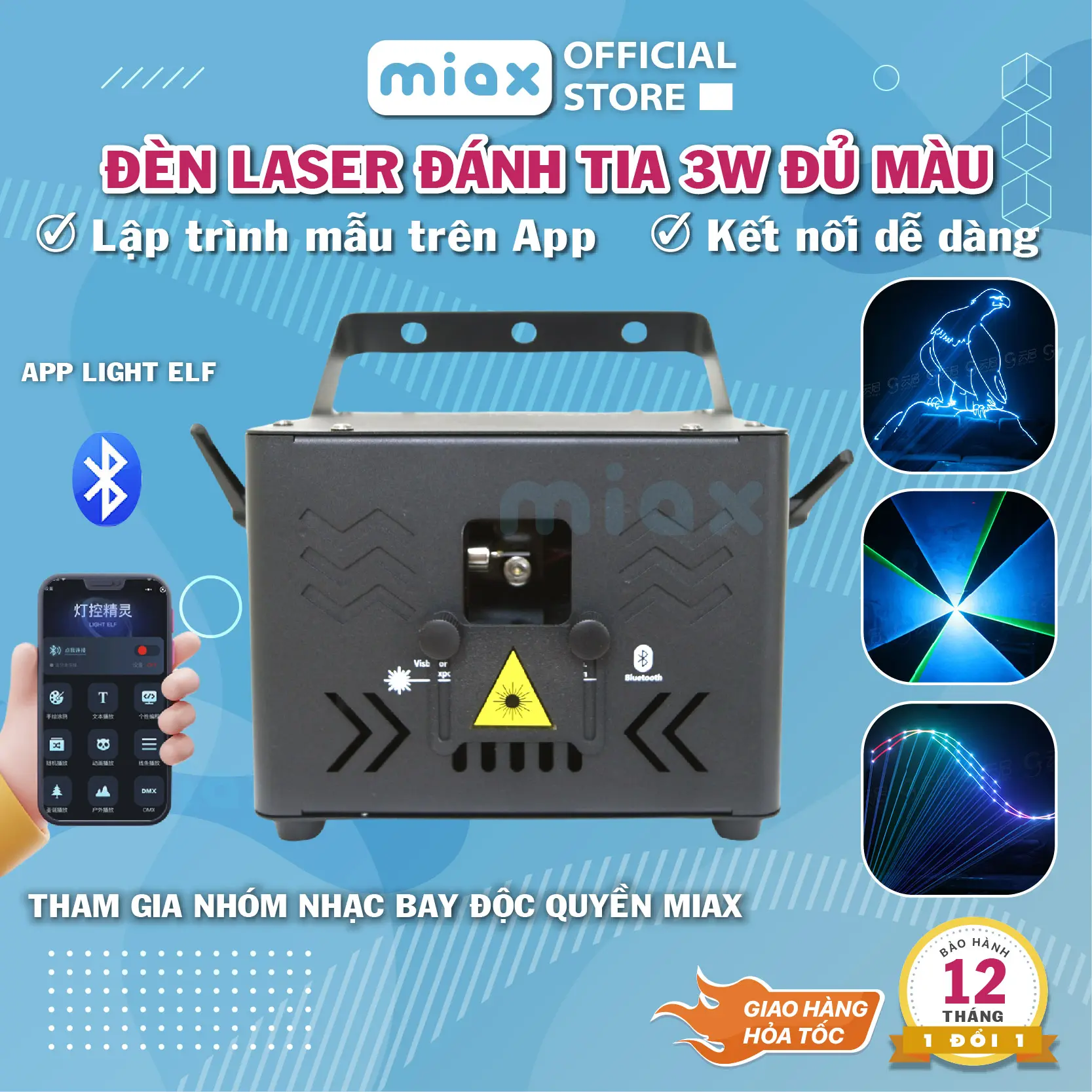 Đèn Laser Quét Tia 3W MIAX Lighting – Kết Nối Bluetooth, Điều Khiển Qua App, Hiệu Ứng Ánh Sáng Rực Rỡ Cho Phòng Hát & Sự Kiện