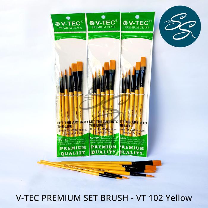 Gambar Paint Brush Set (6 Pcs) - V-TEC SET BRUSH - VT 102 YELLOW BR/6 - Kuas Lukis 1 Set isi 6 Pcs Nylon Flat & Round Brush dari SS Studios Kota Denpasar Tokopedia