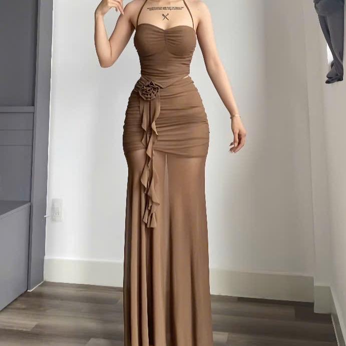 Set đầm nữ lưới hai dây cổ yếm cup kèm chân váy xoè nhún hoa tua rua phối lưới sang chảnh Lolystore dress women NH416