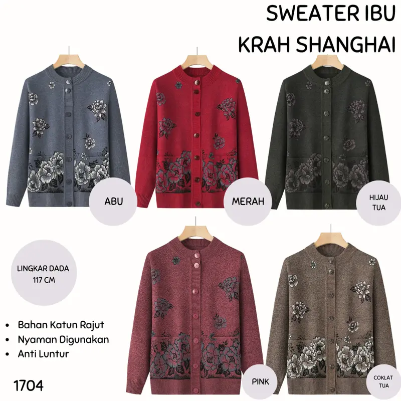 Sweater Ibu Krah Shanghai Krah Daun Motif Bunga / Baju Hangat Wanita / Pakaian Casual Rajut Halus Kancing Kerah Berkualitas 8