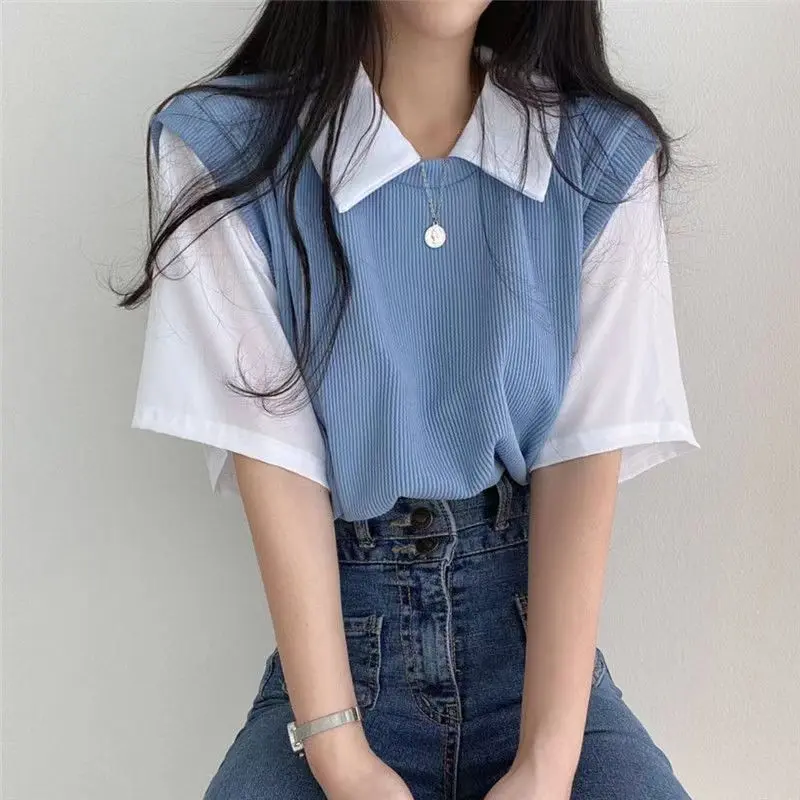 Áo Thun Giả Hai Mảnh Phong Cách Preppy Cổ Bẻ Polo Cho Nữ, Áo Thun Ngắn Tay, Màu Tương Phản, Áo Trên