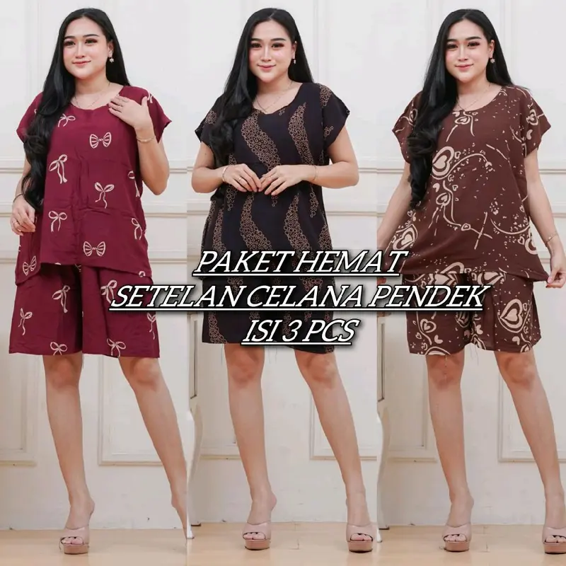 [NEW] Paket Setelan Pendek 3Pcs // Oneset Babydoll // Piyama Rayon Adem // Set Baju Tidur Wanita 0
