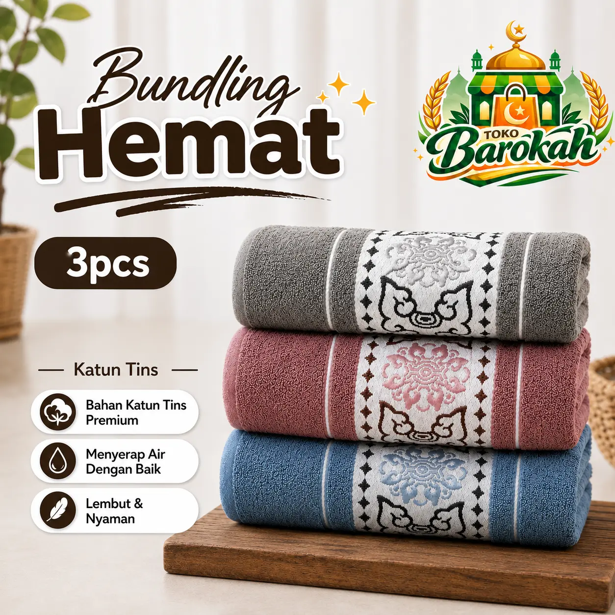 Barokah - Paket 3 pcs Handuk Mandi Katun Dewasa Ukuran 70x140 cm Berat 300 gram Bahan Nyaman untuk Kebutuhan Sehari-hari