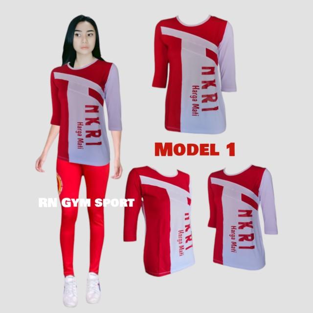 Product Introduction of baju kaos senam wanita atasan olah raga merah putih bahan elastis 3
