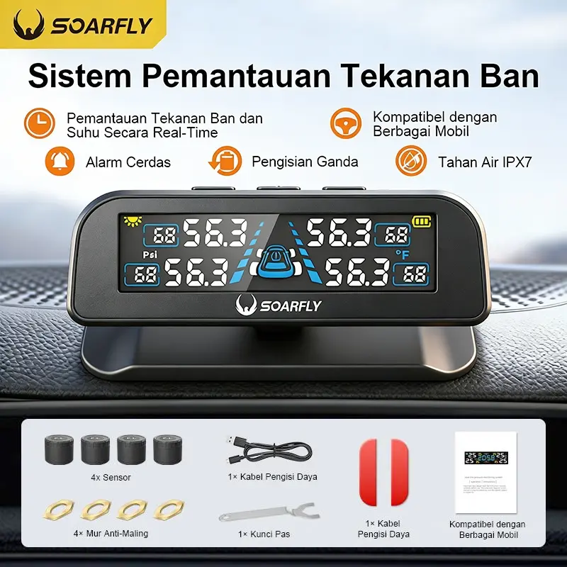 【12h shipping】TPMS Alarm Pengukur Tekanan Ban Mobil Tire Layar Monitor System LCD Solar Power pemantauan tekanan ban Pentil Indikator Tekanan Ban