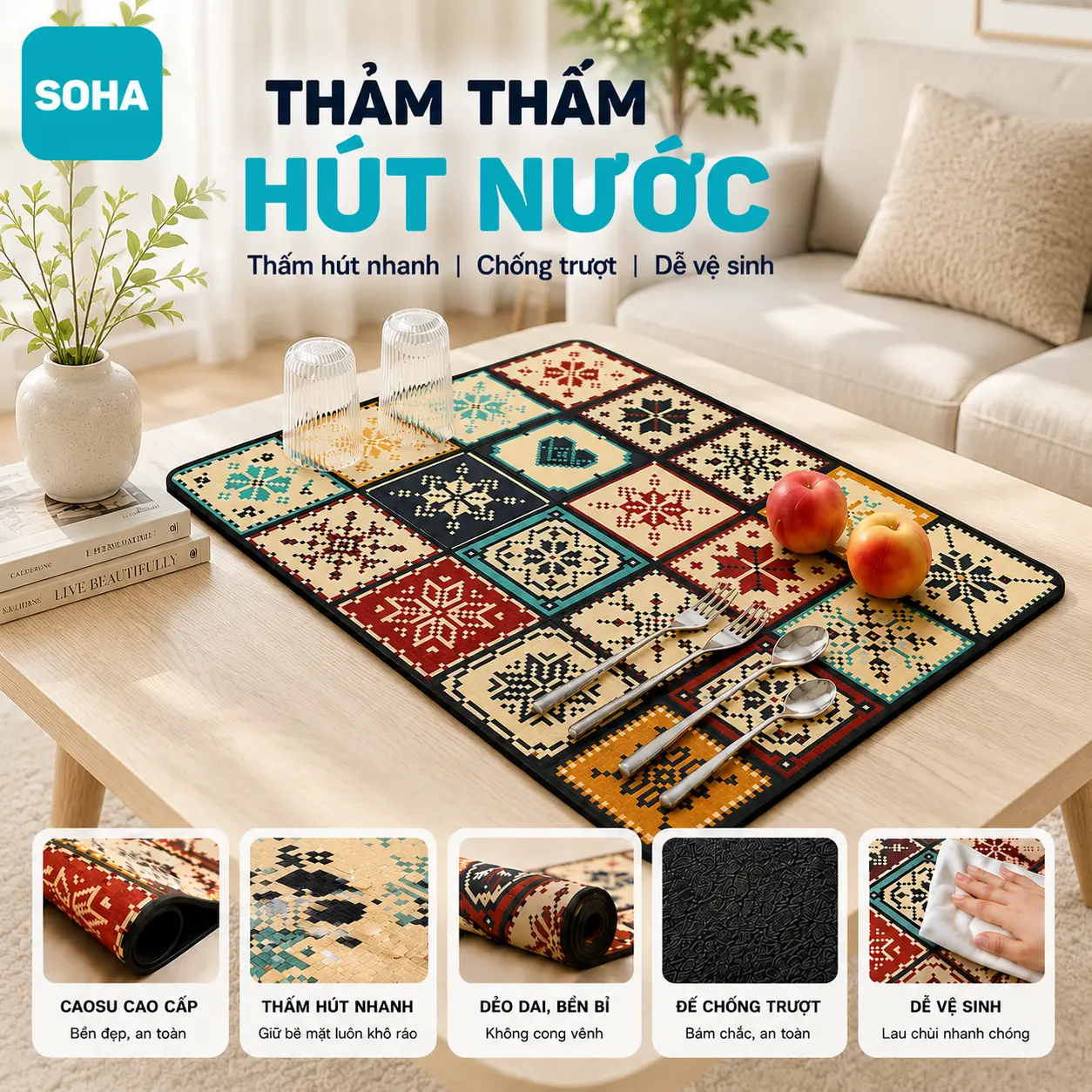 Thảm Thấm Hút Nước Nhanh Khô, Chất Liệu Da Nappa Đế Cao Su Chống Trượt, Thảm Lót Ly Thấm Nước Cho Nhà Bếp