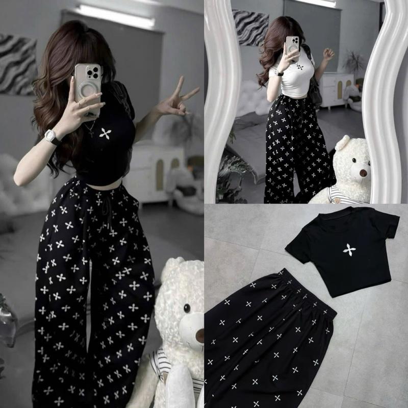 H17-set bộ áo croptop cổ tròn tay ngắn + quần dài suông in hình chữ thập cá tính dành cho Nữ