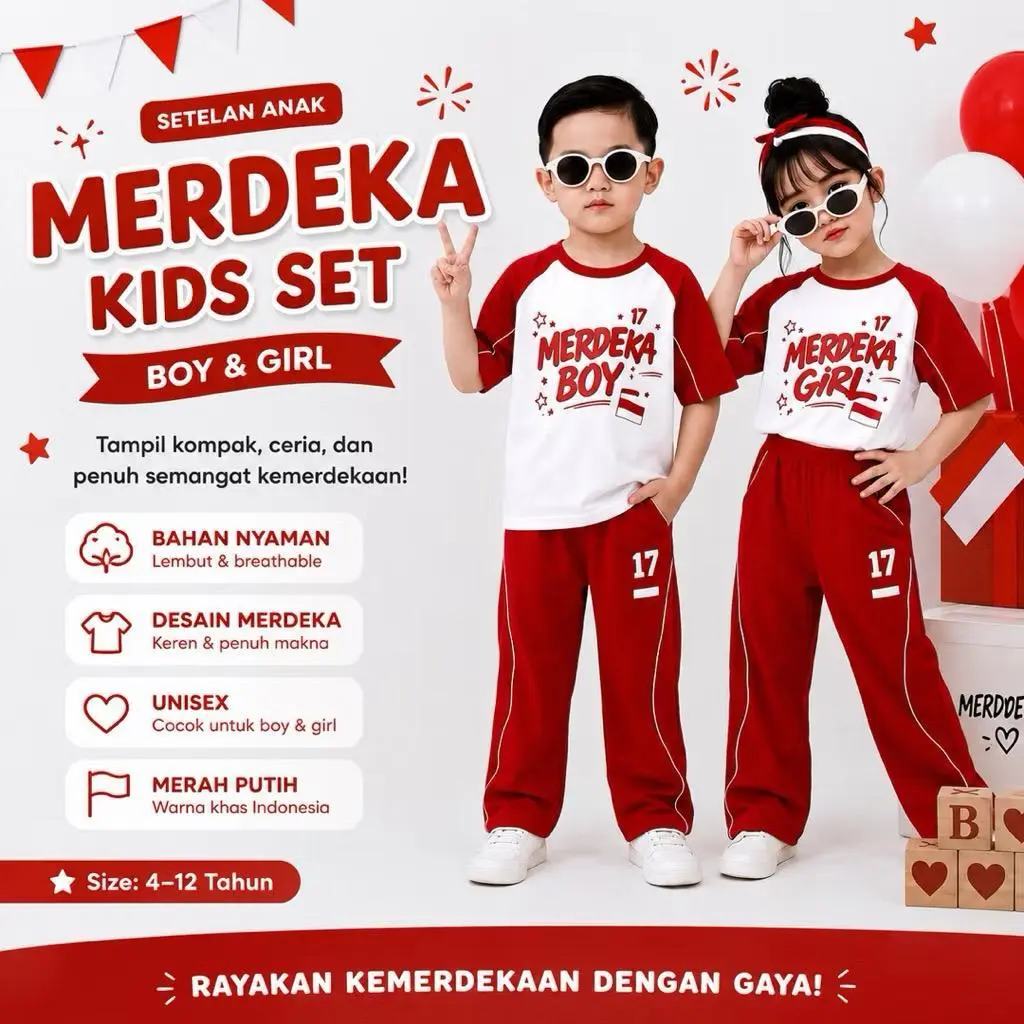 SETELAN ANAK UNISEX BAJU KEMERDEKAAN 17 AGUSTUS MOTIF MERDEKA BOY DAN MERDEKA GIRL CELANA PANJANG USIA 1-10 TAHUN