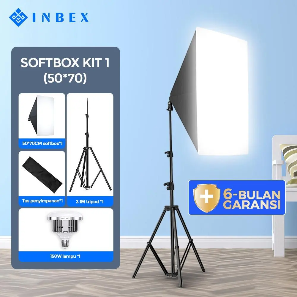 【Warranty 180 HARI】【24H Shipping】【COD】INBEX 155W Softbox Photography Lighting Kit 5500K untuk Live Streaming Studio Lighting/Potret Fotografi/YouTube Video dengan E27 Socket 50x70cm SoftBox + 2.1M Adjustable Lamp Stand + Carry Bag