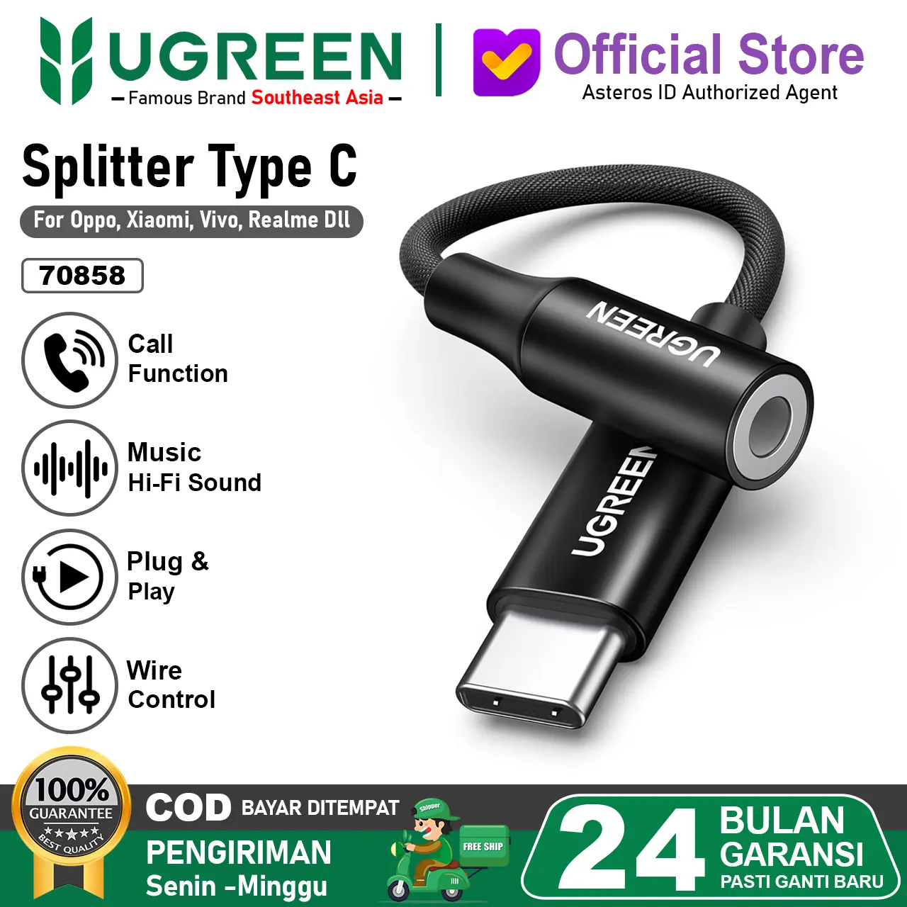 UGREEN Converter Splitter Type C To Jack 3.5mm For Oppo Mi Realme Vivo Audio, Call, Open Mic Game