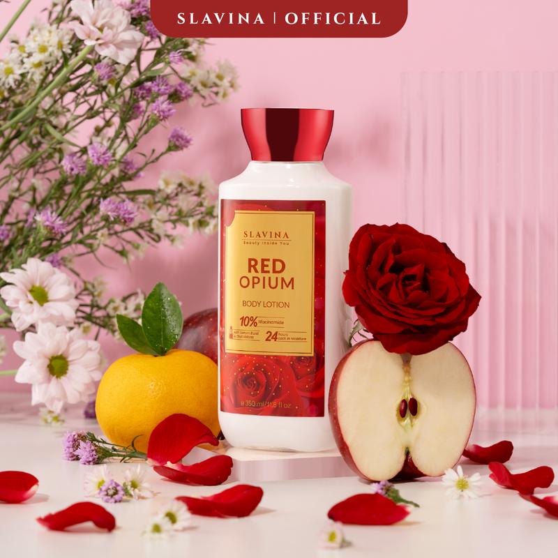SLAVINA Body Lotion Red Opium Niacinamide with Serum Burst Glutathione Moisturizing Whitening Mencerahkan Hydrating Memutihkan Wangi Bunga Mawar 4