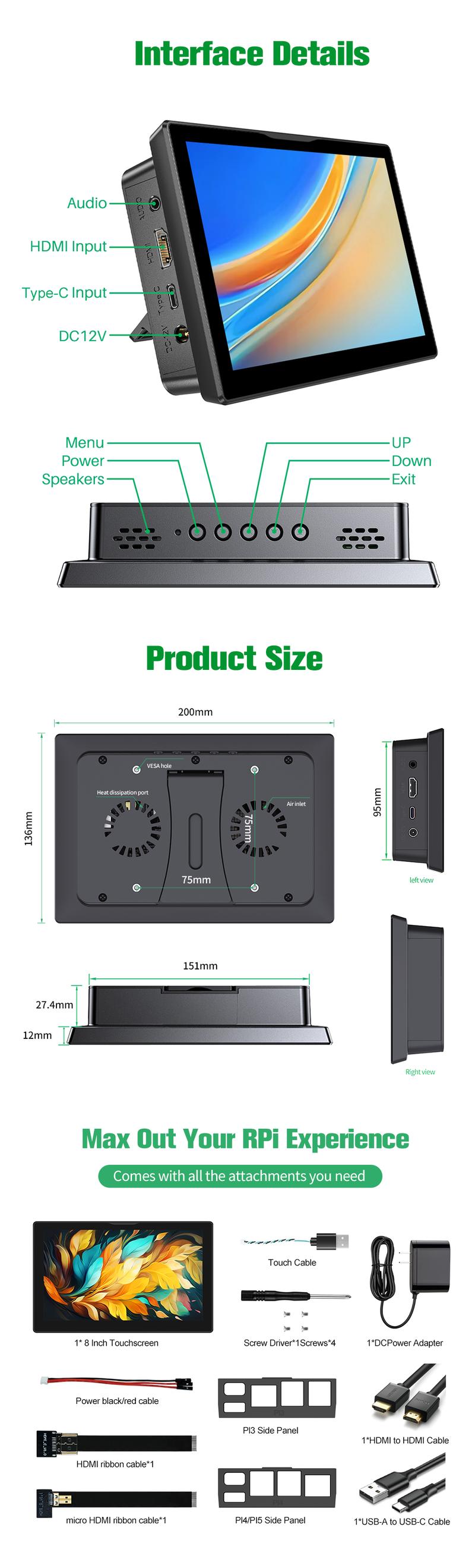 Product Introduction of Unew 8 inch Raspberry Pi Monitor 1280x800 16:10 HDMI for Raspberry Pi 4 3 Orange Banana Pi DIY Projects Touchscreen Display 45
