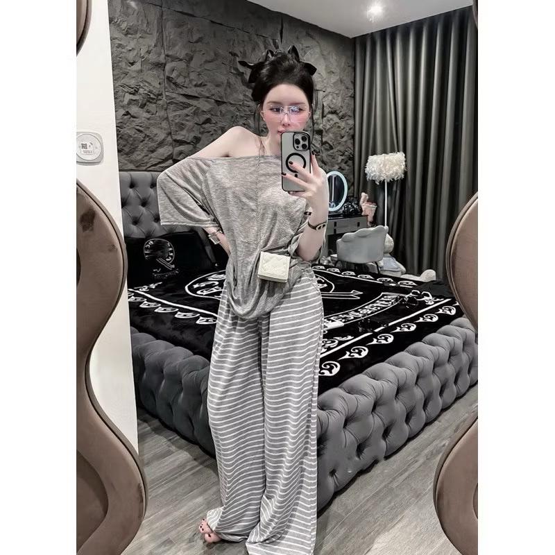 Len tăm QC Quần ống rộng kẻ sọc chất len tăm quần dài ống rộng N38