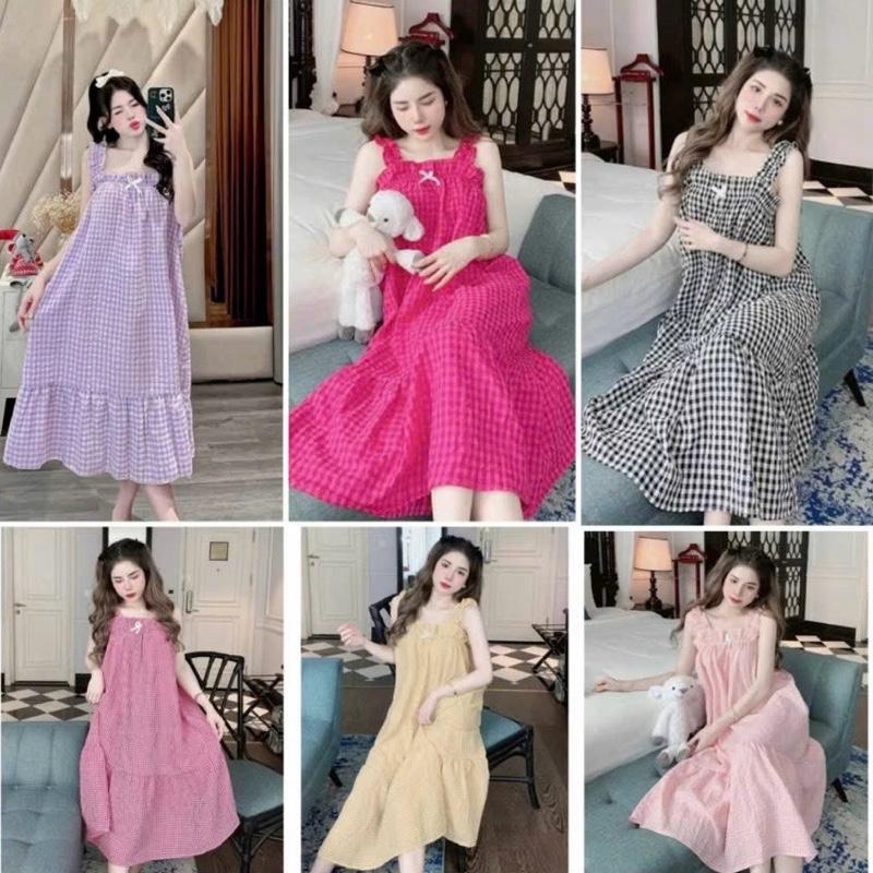 Váy 2 Dây Kẻ Karo, Đầm Ngủ Kẻ Karo Chất Đũi Xốp From Rộng Tới 70Kg