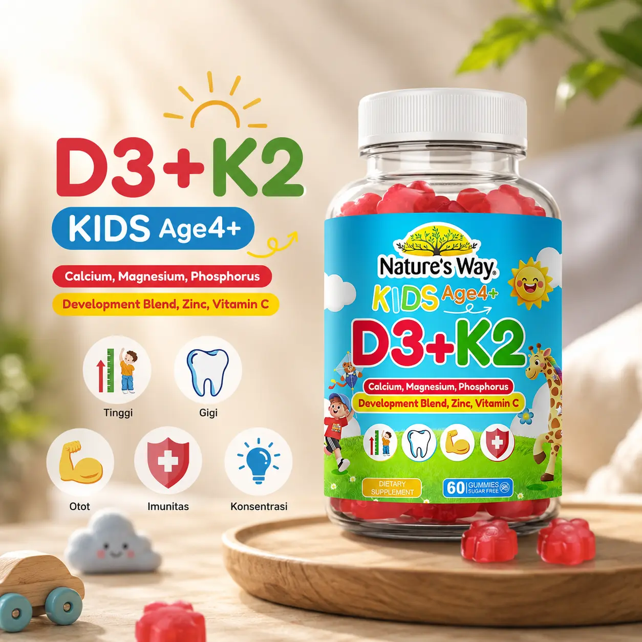 Permen Kunyah Vitamin D3 K2 untuk Anak + Kalsium, Magnesium, Seng, Fosfor, Vitamin C, Suplemen Multivitamin D3 dan K2 untuk Anak, Mendukung Kesehatan Tulang, Penyerapan Kalsium, Konsentrasi dan Kekebalan Tubuh, 60 Permen Kunyah
