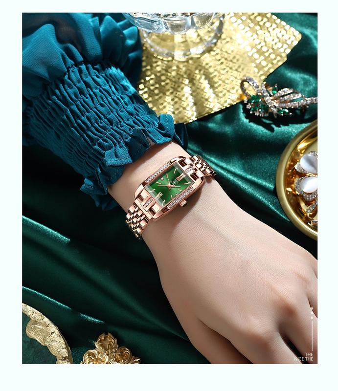 Đồng hồ nữ đẹp cao cấp chính hãng Poedagar mặt xanh lá hình chữ nhật, kiểu dáng thời trang sang chảnh, chống nước 3atm, chống xước