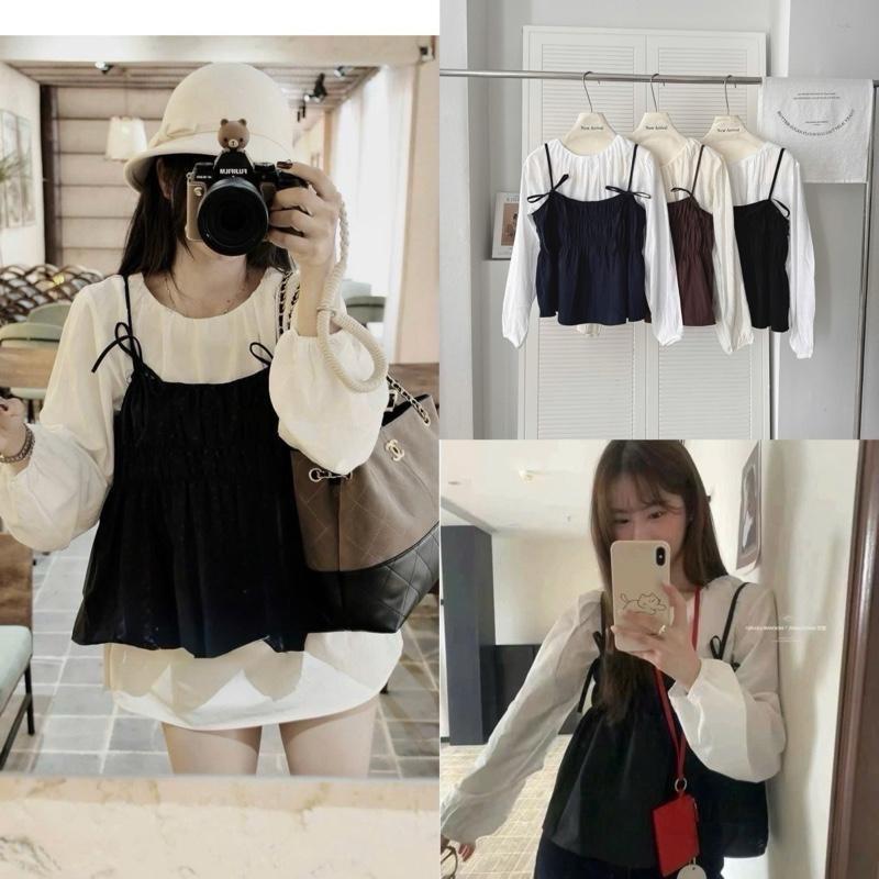 Set Áo Yếm 2S Gió Su Nhún Li Cột Nơ Mix Sơmi Tơ Cổ Tròn Dài Tay”LUNA” 3 màu siêu xinh-Dành Cho Nữ