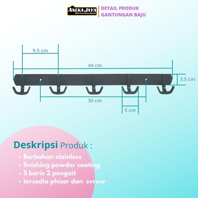 Product Introduction of Gantungan Baju Hitam 5 Baris 2 Kait - Kapstok Kamar Mandi Serbaguna Stainlees 32