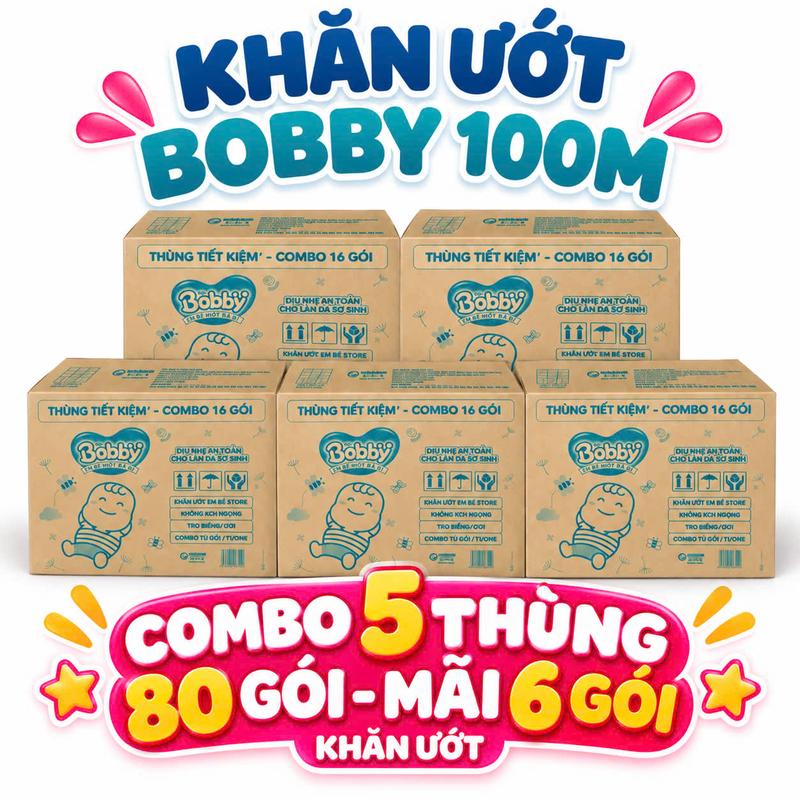 Combo 5 Thùng 80 Gói - Mãi 6 Gói Khăn Ướt Bobby không mùi / hương nhẹ 100 miếng/gói ( Xanh/ Hồng)