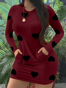 Vestido de manga larga con estampado de corazones para mujer, vestido corto casual de cuello redondo para verano, tela delgada y ajustada, moda para todas las estaciones
