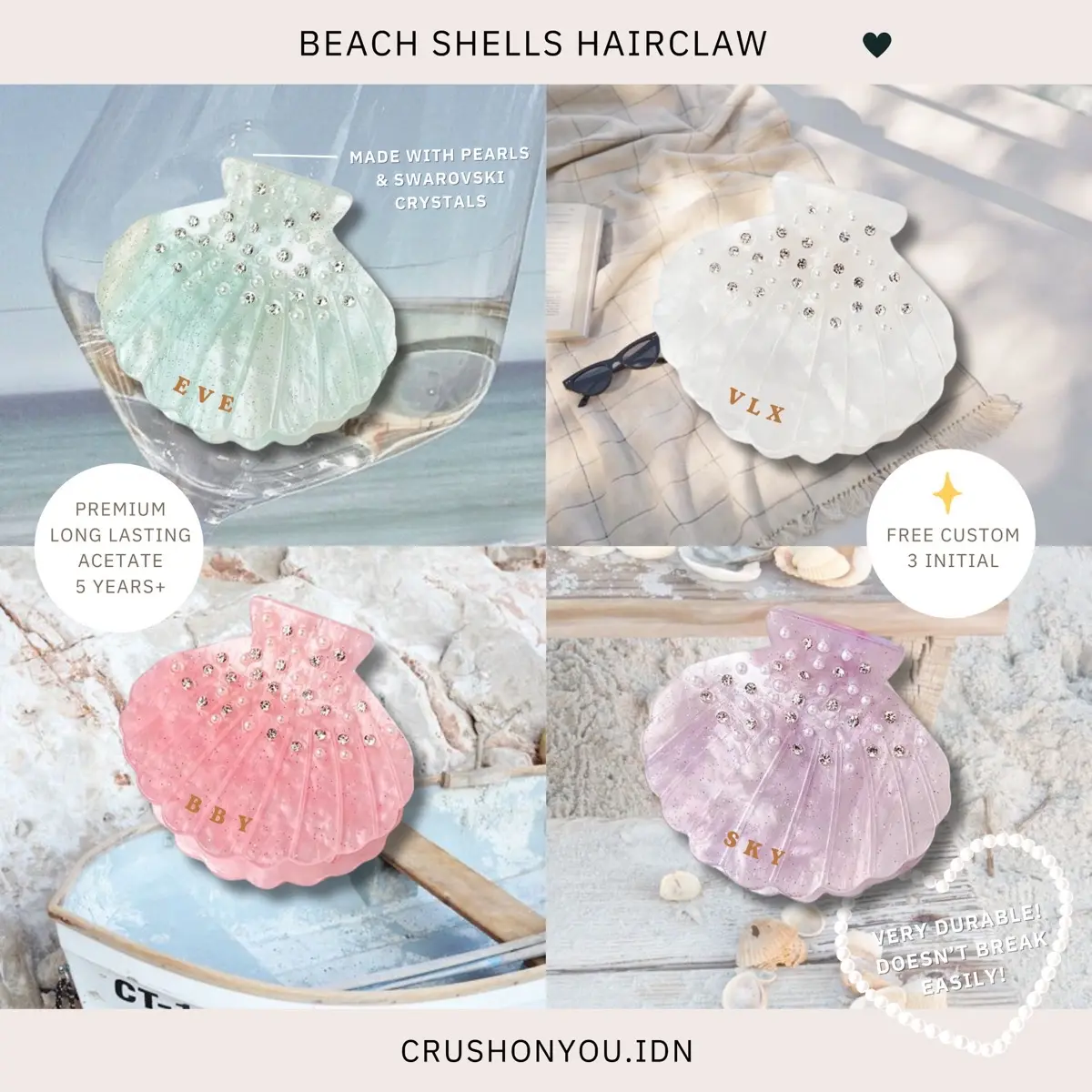 Beach Shells Custom HairClaw Premium Jepit Rambut | CRUSHONYOU | Hair Clip Jedai Kerang Scallop Pearl Mutiara Rambut Hair Claw Aesthetic
