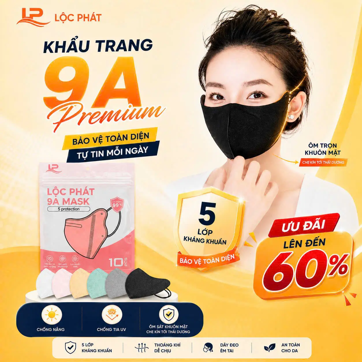 100 chiếc khẩu trang 9A Lộc Phát 5 lớp dày dặn kháng khuẩn, chống nắng, che kín khuôn mặt, form to từ 45-85kg