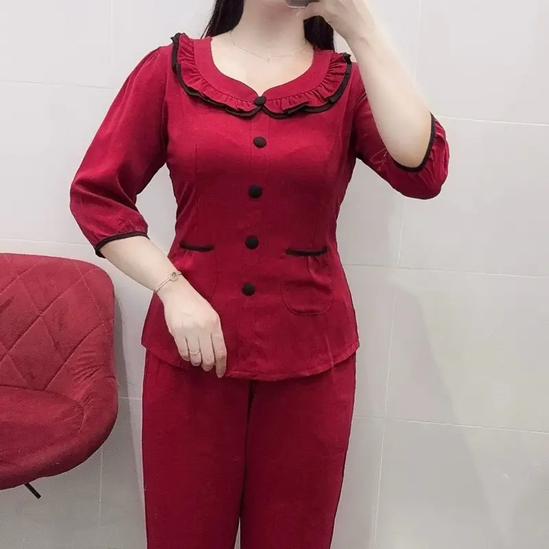 Đồ Bộ Nữ Áo Tay Lỡ Quần Dài, Vải Đũi Lạnh Mặc Mát, có Co Giãn, Nhiều Mầu Sắc Thanh Lịch Thích Hợp Cho Mọi Lứa Tuổi( Women) 6