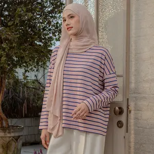 Earthly Allure Hijabchic Ulyani Pink Stripe Atasan Wanita Muslim Babyterry Katun Setrip T-Shirt Basic AllSize Freesize Terbaru Baju Combed Kerah Santai