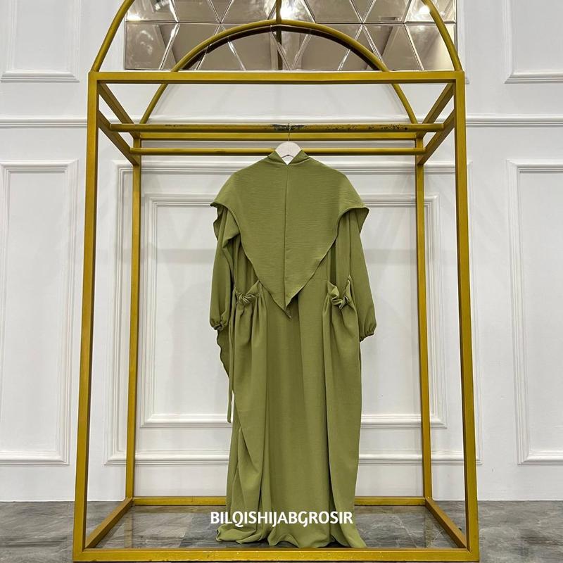 Gamis Zahra Set Bergo Syar'i Dress Wanita Muslim Bahan Crinkle Airflow Panjang Balon Dewasa Lebaran Elegant Brown  Syari Mewah 5