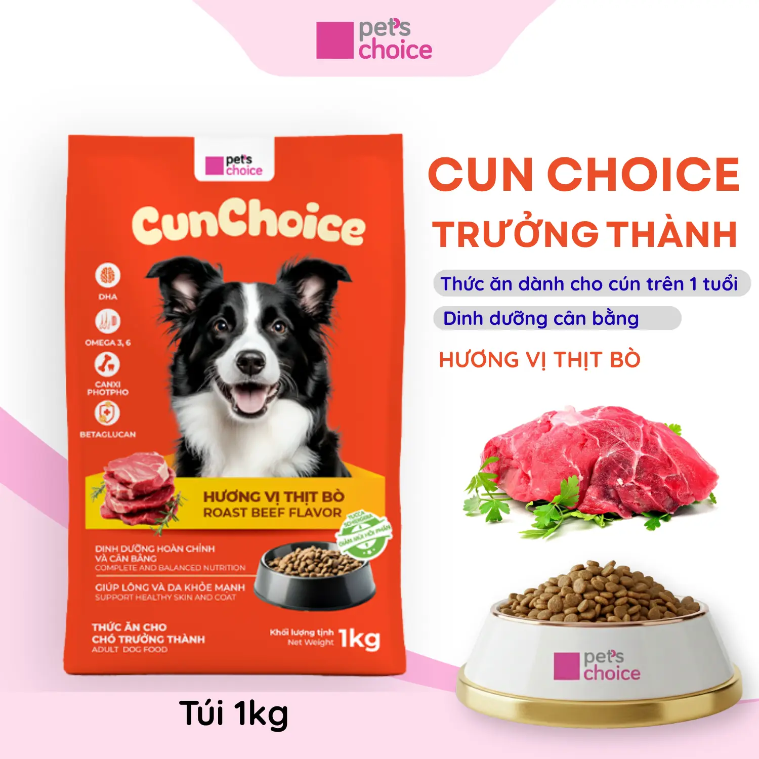 CUN CHOICE Thức ăn cho chó trưởng thành 1kg Hương vị thịt bò 1kg