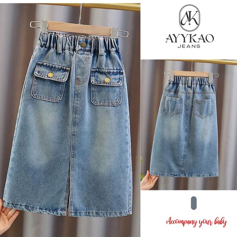  Chân Váy Jeans Suông Chữ A Xẻ Trước Cho Bé gái V1- Ayykao Quần 
