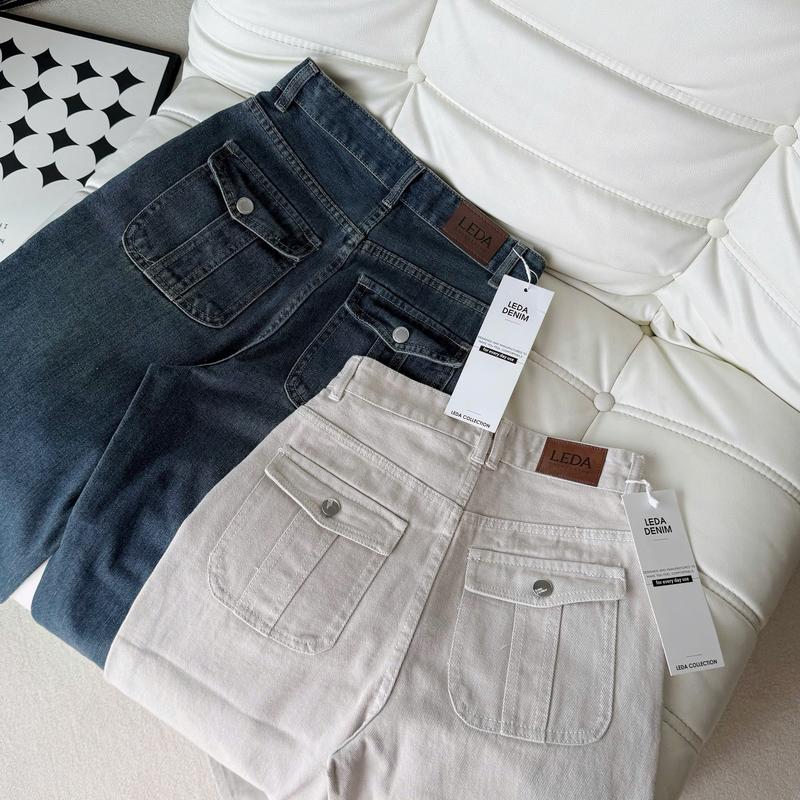 Dài 88-93cm Quần Jean Ống Suông Túi Nắp Nữ LEDA Quần Bò Ống Suông Nấm Lùn 1m5 Quần Rin 9 Tấc