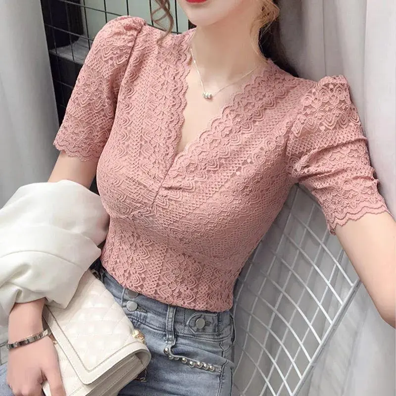 Áo Sơ Mi Ren khoét Tay bồng, Dành Cho Nữ, Hàng Mới Về Mùa Hè, ngắn Tay, Cổ Chữ V, Áo Gợi Cảm, Thích Hợp Cho Nữ, Độc Đáo, Ôm Vừa Vặn, Áo Sơ Mi dễ phối đồ