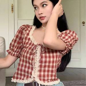 เสื้อแขนสั้น แขนพอง ขอบลูกไม้ สีตัดกัน สไตล์ฝรั่งเศส สําหรับผู้หญิง