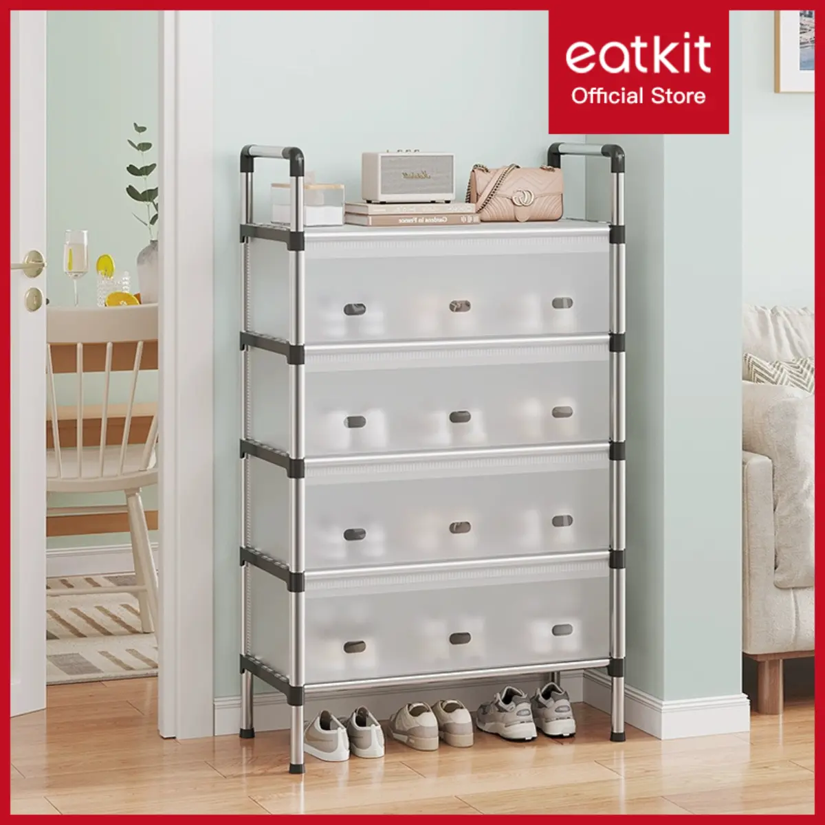Eatkit Rak Sepatu Besi Minimalis｜Model Tertutup｜3–6 Tingkat｜Tampilan Estetik Furniture