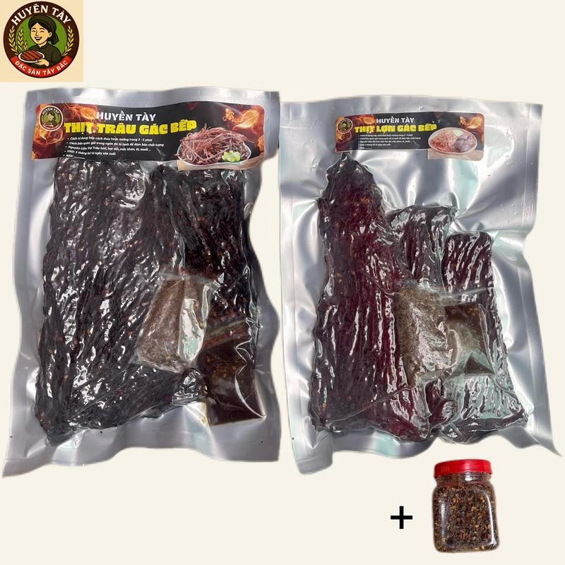  Combo 500G Trâu-500G Lợn Gác Bếp Huyền Tày - Đậm Hương Vị Tây Bắc - Tặng Kèm 1 lọ Chẳm Chéo Gia Vị Chấm- Ăn Vặt Snack Đ 