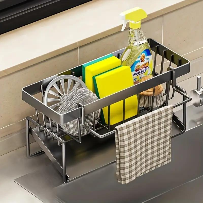 Kitchen Sink Drain Rack, 1 Count Kitchen Sink Storage Rack with Dishcloth Holder, Kitchen Sink Organizer, Kitchen Accessories, Home Organizer 0