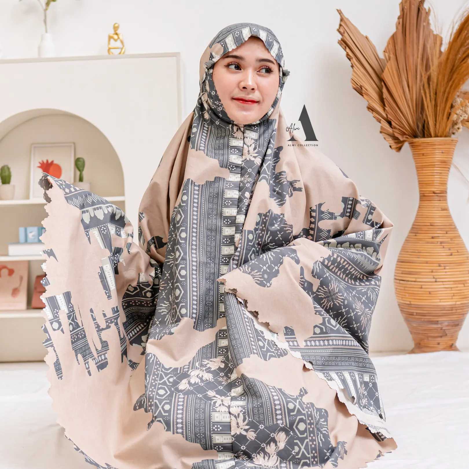 Mukena Travel Dewasa Alwi 2in1 Resleting Katun Motif Batik Luxury Lasercut - Muslim, Wanita - Nyaman, Lembut